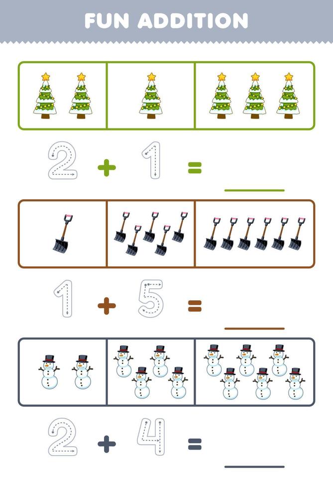 Education game for children fun addition by counting and tracing the number of cute cartoon christmas tree shovel snowman printable winter worksheet vector
