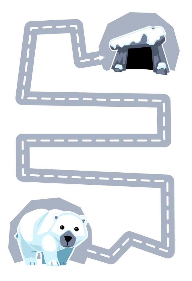 Education game for children handwriting practice trace the lines help cute cartoon polar bear move to den printable winter worksheet vector