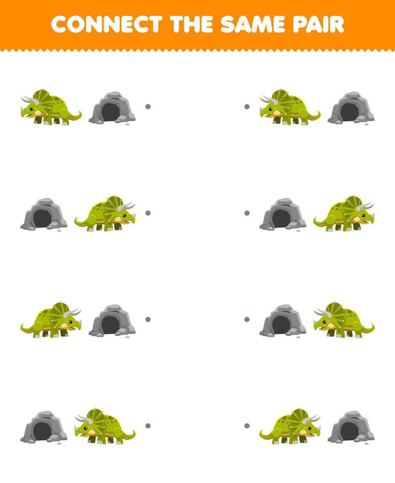 Education game for children connect the same picture of cute cartoon triceratops and cave pair printable prehistoric dinosaur worksheet vector