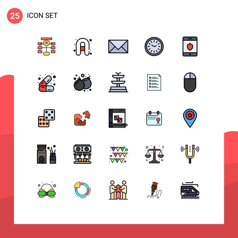 Mobile Interface Filled line Flat Color Set of 25 Pictograms of wall clock iftar communication dinner envelope Editable Vector Design Elements