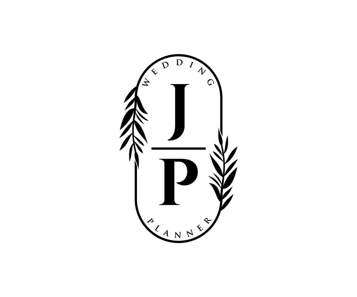 colección de logotipos de monograma de boda con letras iniciales jp, plantillas florales y minimalistas modernas dibujadas a mano para tarjetas de invitación, guardar la fecha, identidad elegante para restaurante, boutique, café en vector