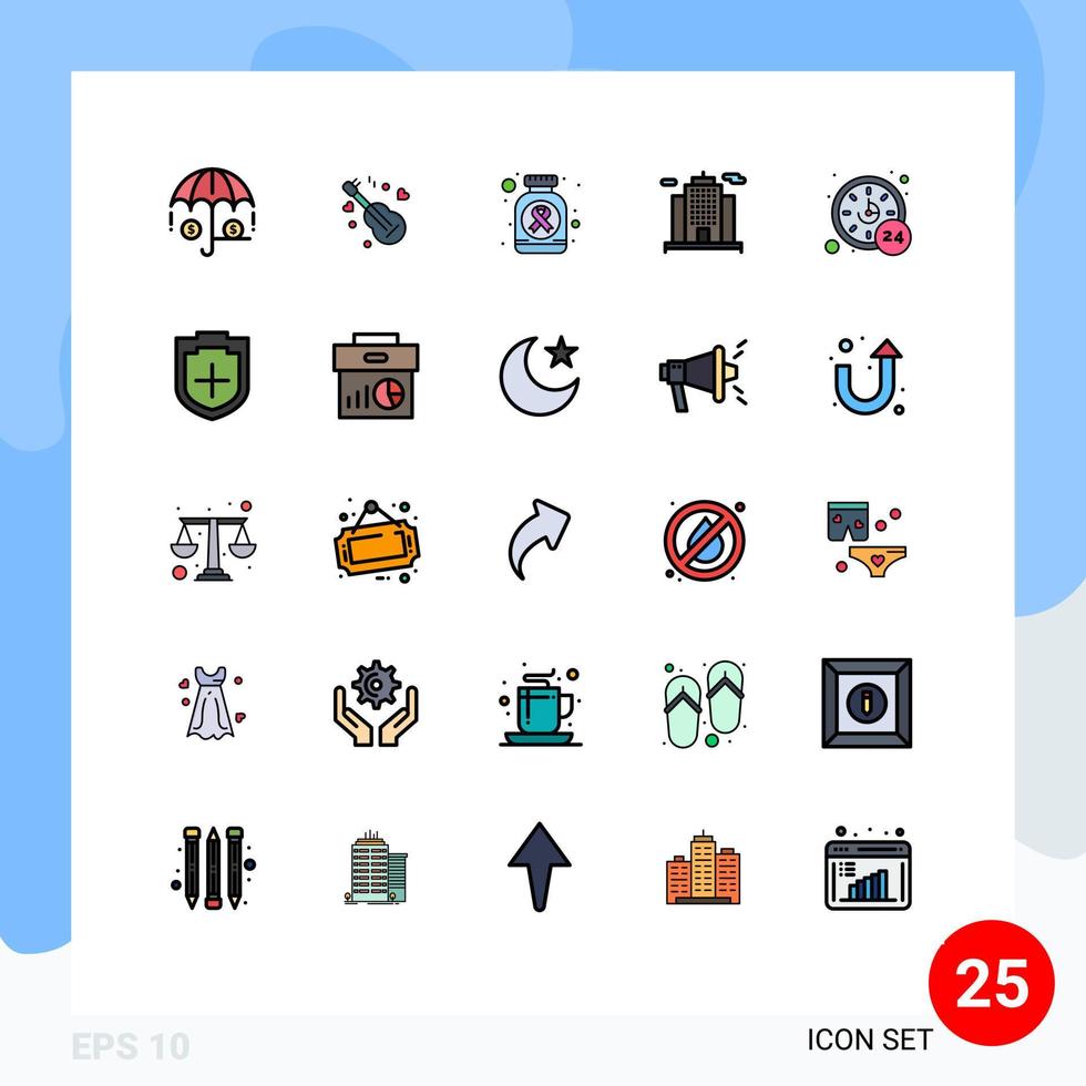 User Interface Pack of 25 Basic Filled line Flat Colors of time hours medicine call building Editable Vector Design Elements