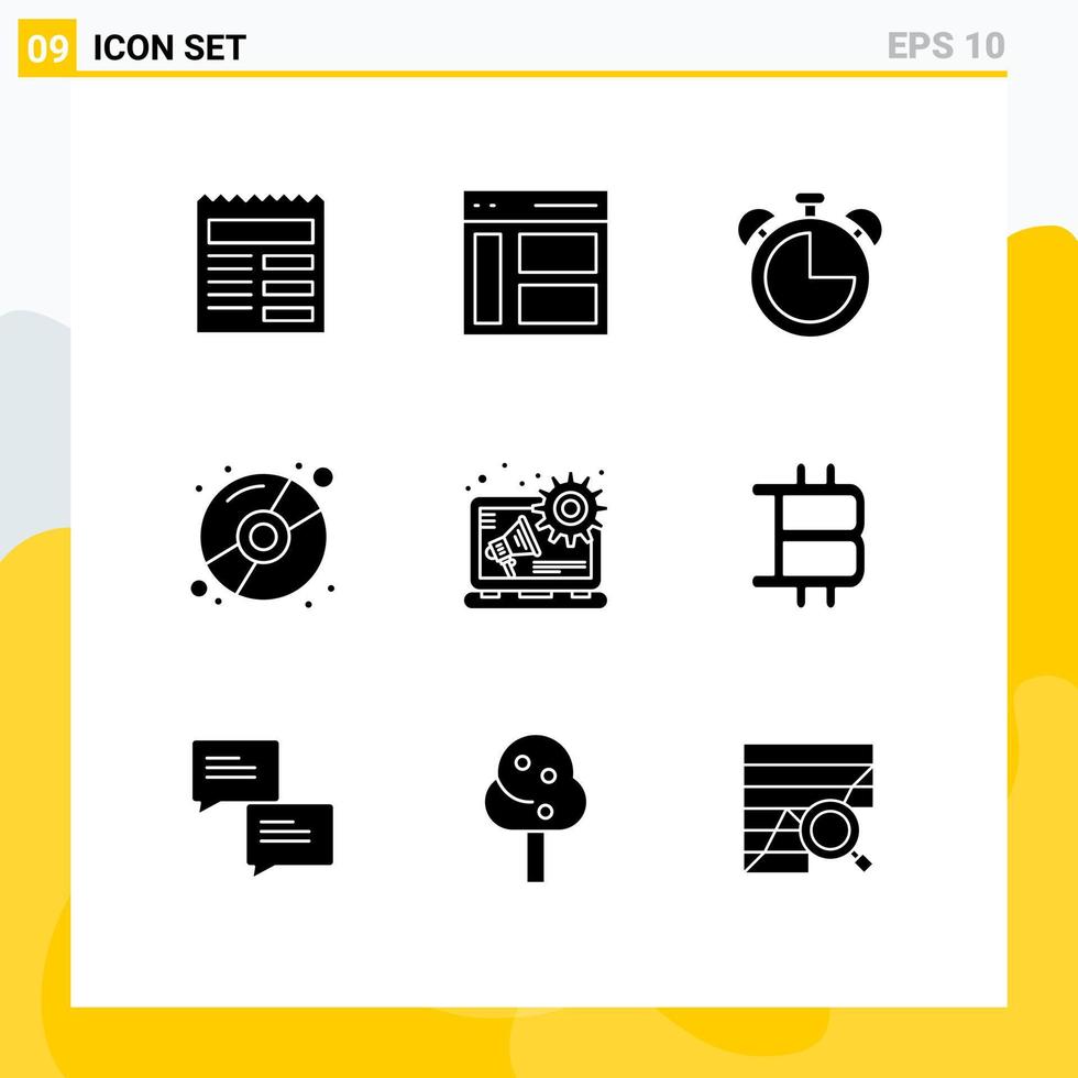 Set of 9 Commercial Solid Glyphs pack for advertising disk user compact timer Editable Vector Design Elements