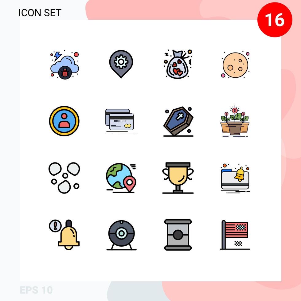 Modern Set of 16 Flat Color Filled Lines Pictograph of user interface bag planet full moon Editable Creative Vector Design Elements