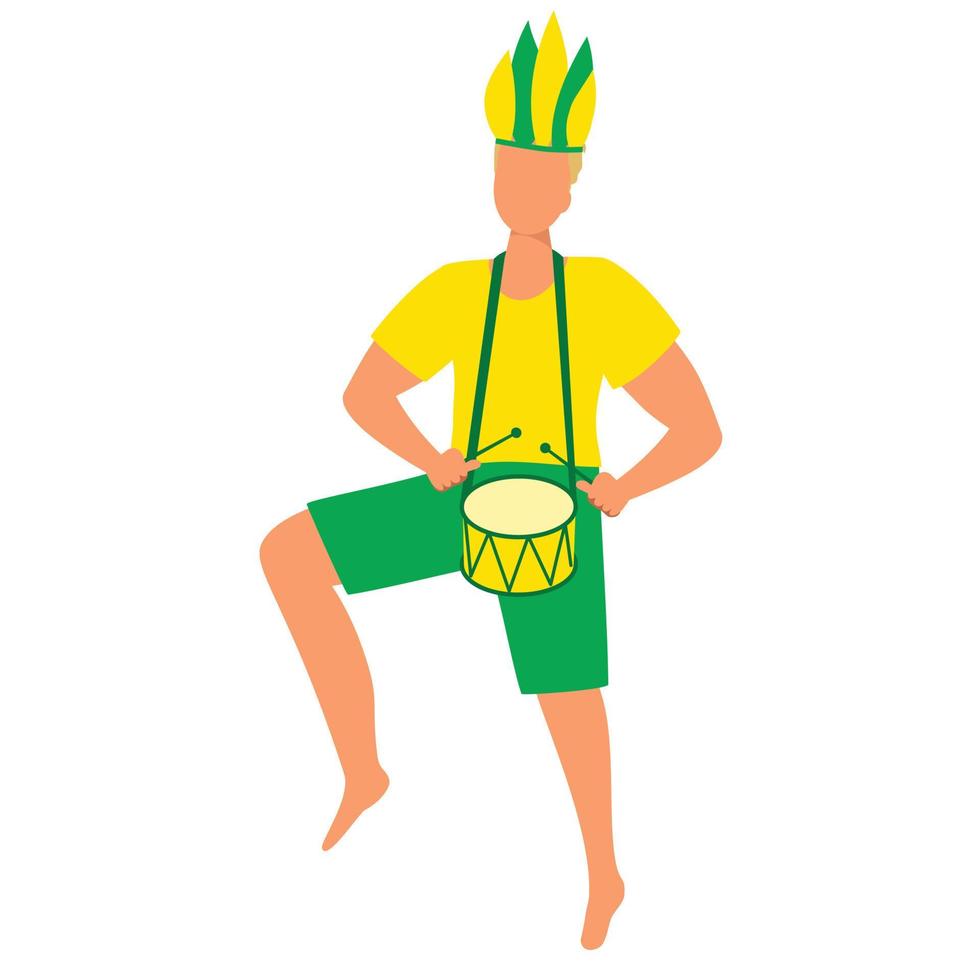Man dancing with dump in carnival costume with feather on festivals or carnival. Vector illustration.