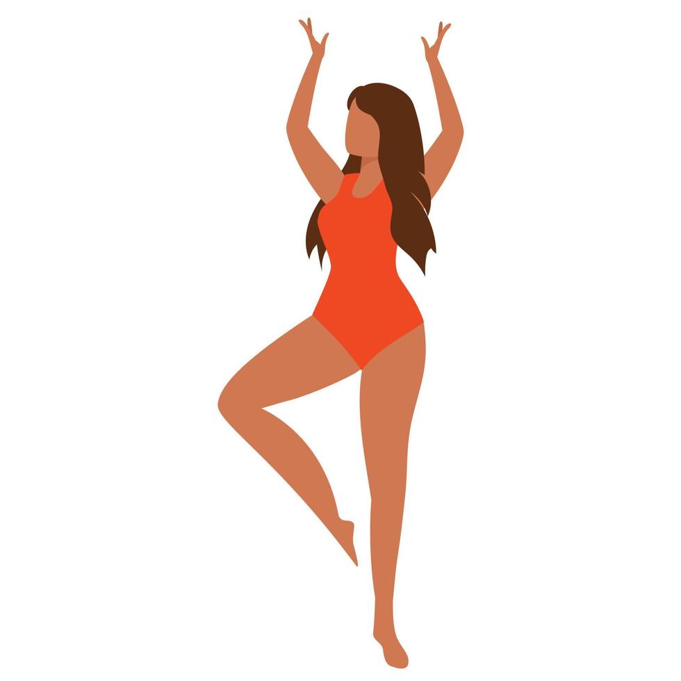 Young beautiful Latin woman poses in bikini. Woman is dancing in a red swimsuit. vector
