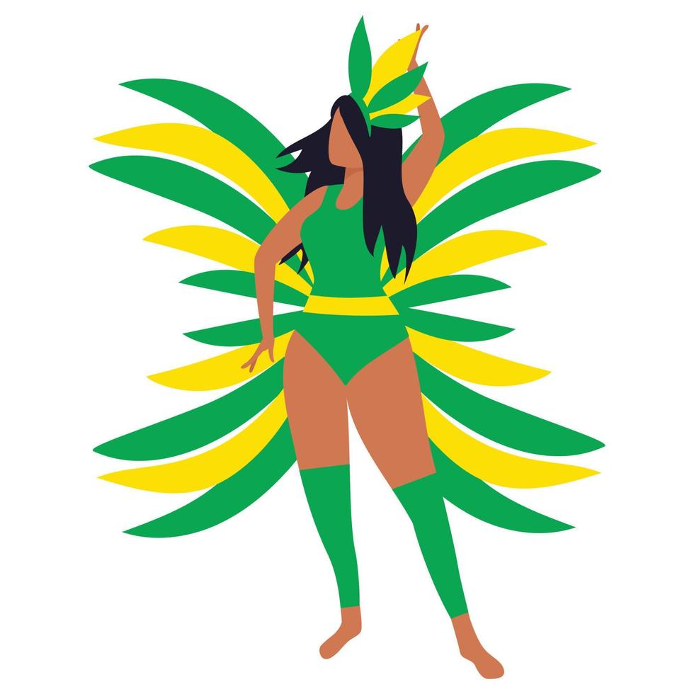 Latin young woman in carnival costume with yellow and green color for carnival or festival. Vector illustration.