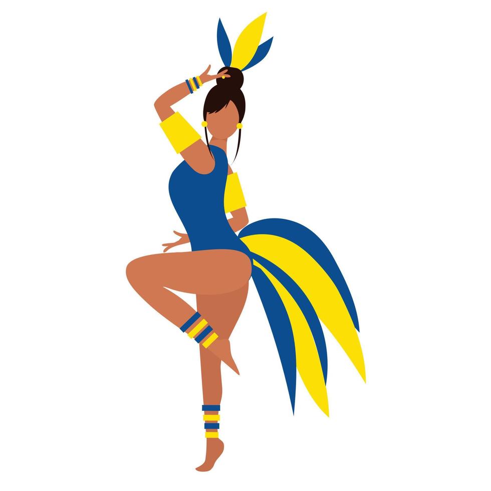 Latin woman in carnival costume with feathers and bikini in blue and yellow color. Vector illustration.