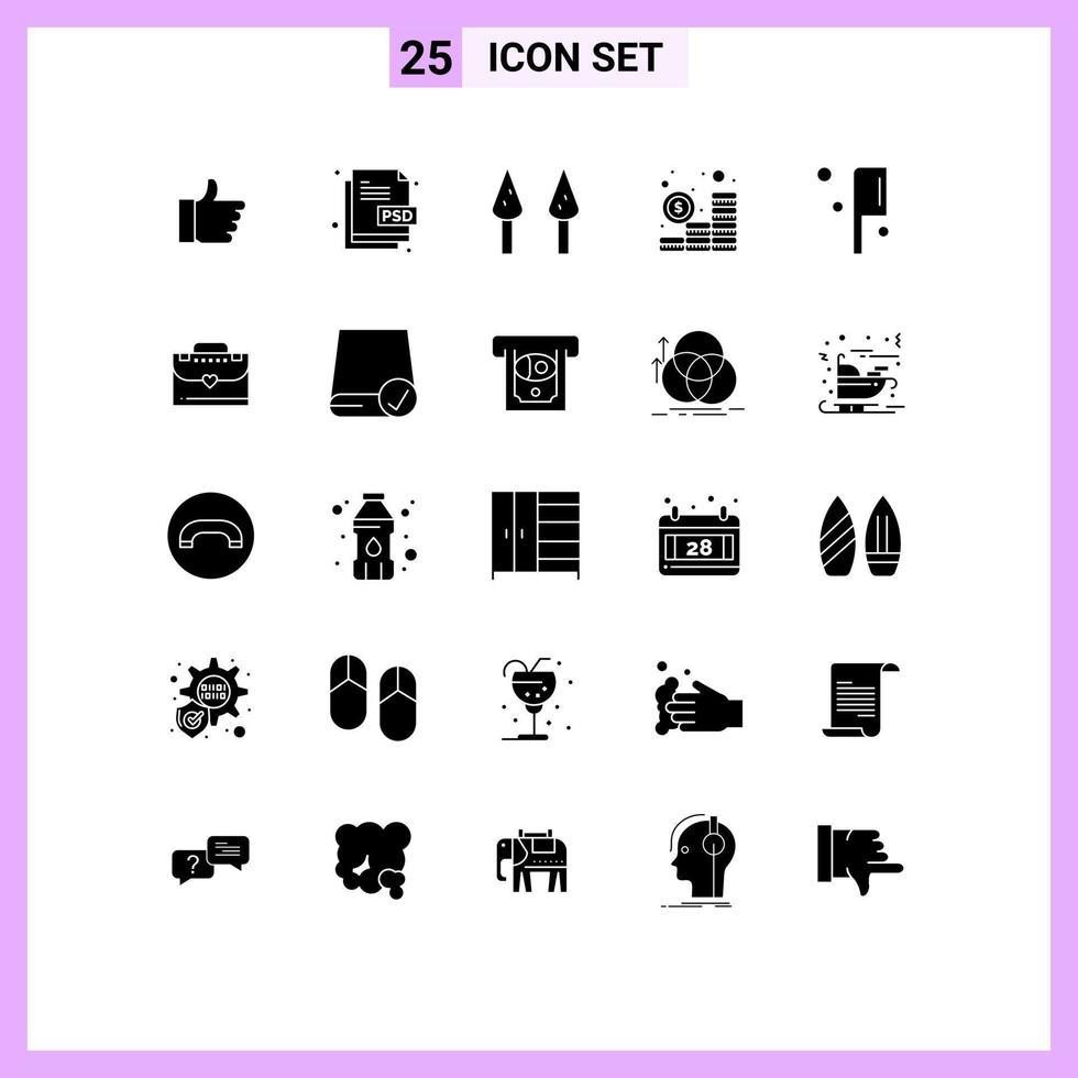 25 User Interface Solid Glyph Pack of modern Signs and Symbols of knife food file type coins investment Editable Vector Design Elements