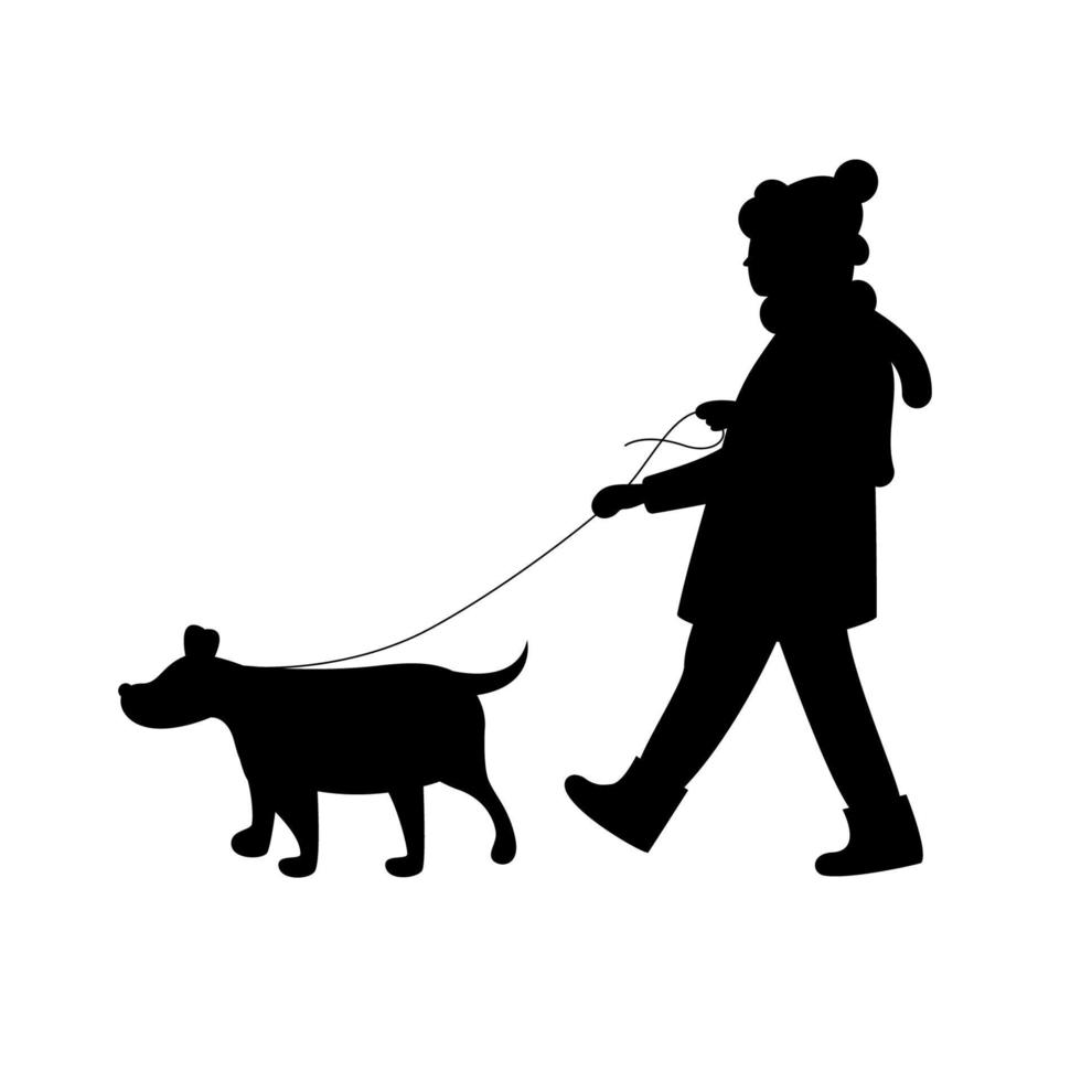 mes de pasear perros. silueta de una mujer caminando con un perro en invierno. vector