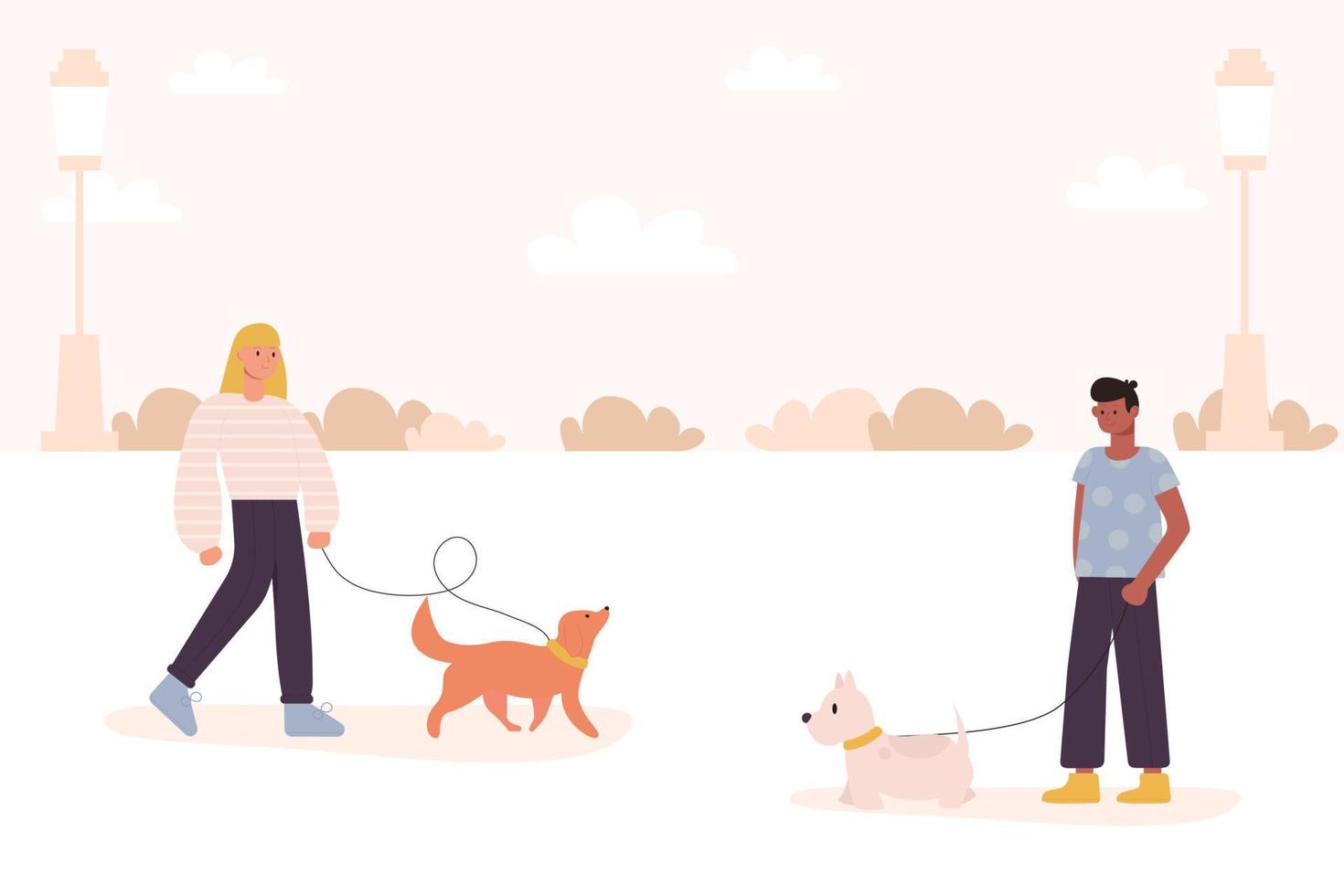 mes de pasear perros. un hombre y una mujer paseando con un perro. vector