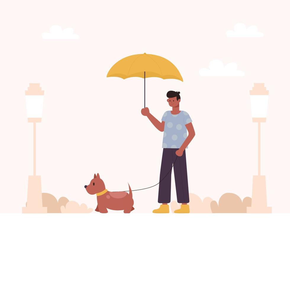 mes de pasear perros. un hombre con un paraguas bajo la lluvia caminando con un perro. vector