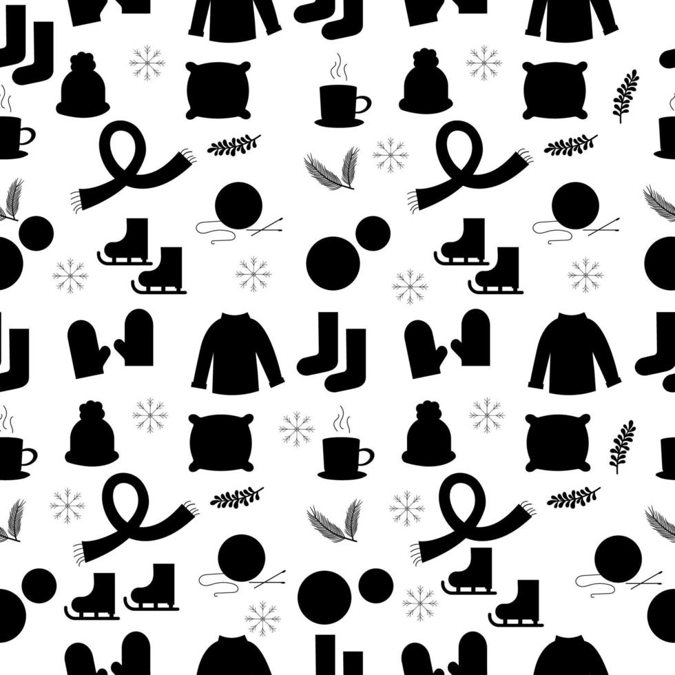 Pattern winter elements silhouette. Sweater, cup, scarf, hat vector