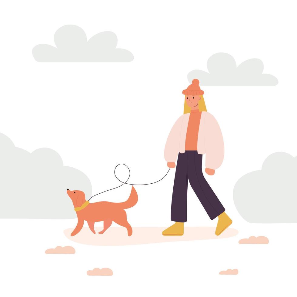 Month of dog walking. A woman walks with a dog in winter, autumn. vector