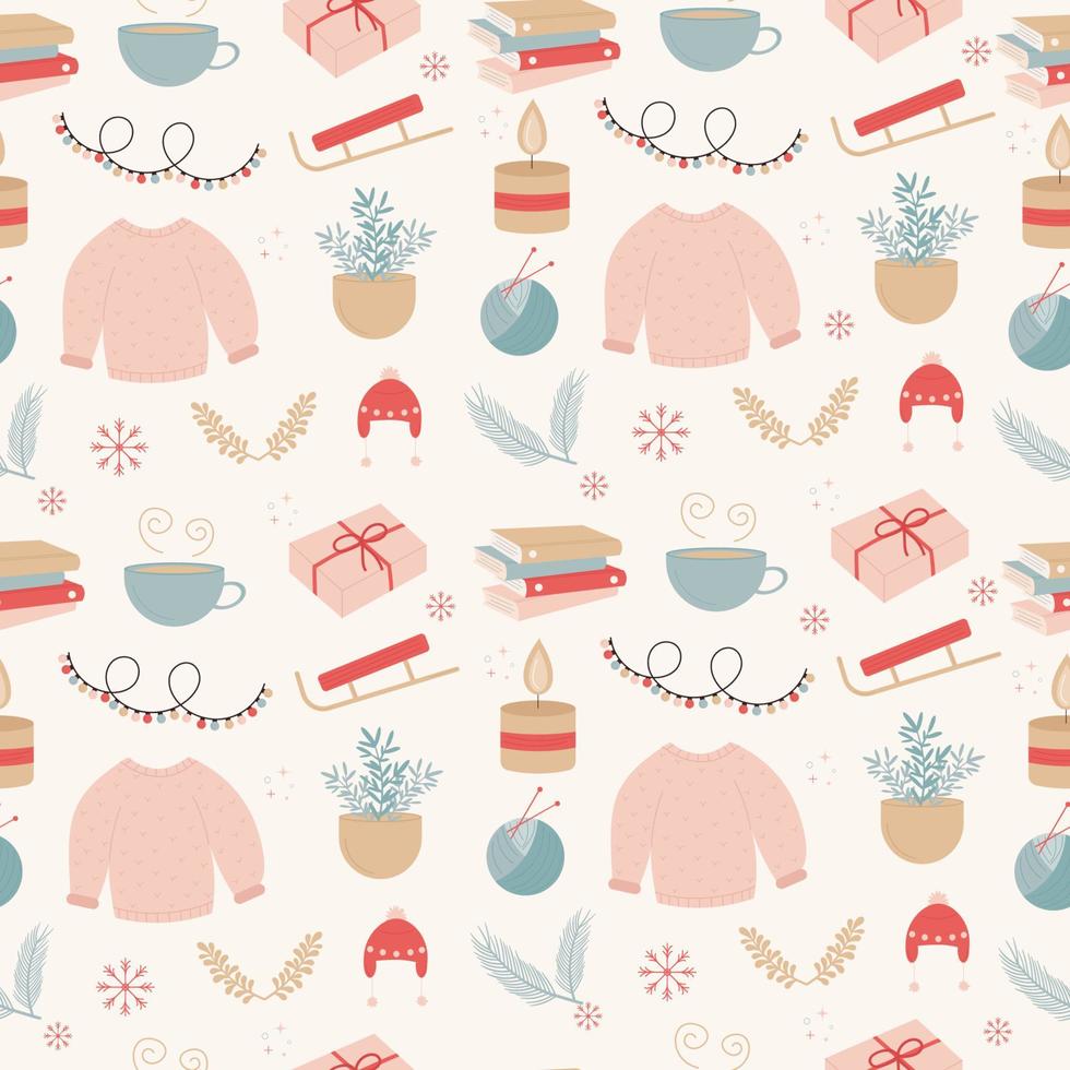 elementos de invierno de patrones sin fisuras estilo hygge. suéter, taza, sombrero vector