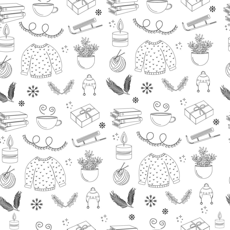 Seamless pattern winter elements outline. Sweater, cup, hat vector