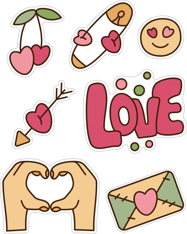 Retro love y2k sticker set. A small set 90s, 2000s style with hearts, smiling face, cherries. vector