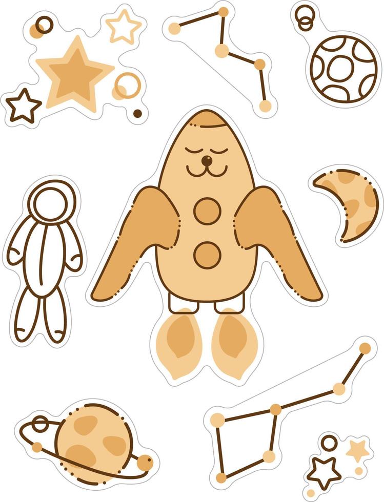 Rocket sticker set. The set includes a cute character rocket, planets, constellations, astronaut. Cartoon doodle illustration. vector