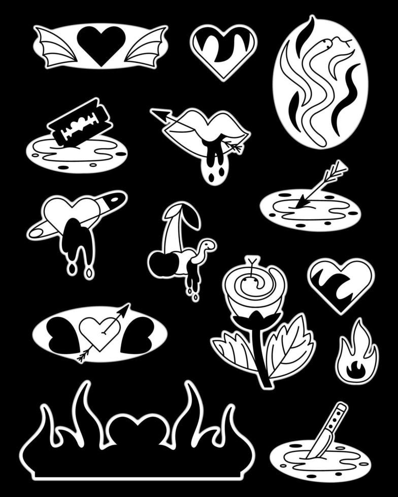 Tattoo stickers set style 90s, 2000s. Black and white set of 14 tattoos. Includes hearts, snakes, cherries, fire, razor, knife, blood, flower. vector