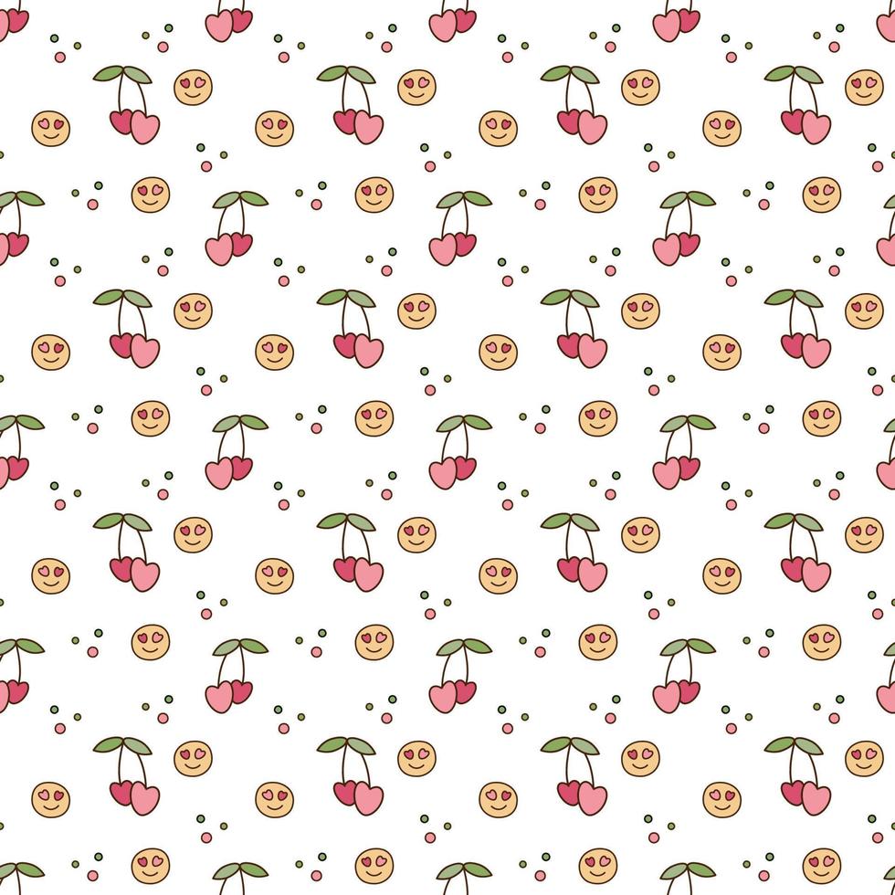Pattern with smiles and cheries. Cute seamless pattern y2k with smiles, cherries and circles. Cartoon doodle vector illustration.
