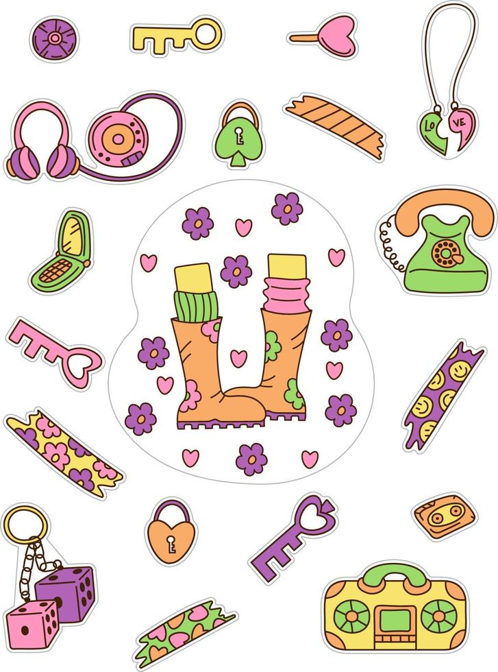 Girly stickers 90s set. Cute and groovy girly stickers set with rubber  boots, keys, locks, tape recorder. Cartoon doodle vector illustration.  14845489 Vector Art at Vecteezy