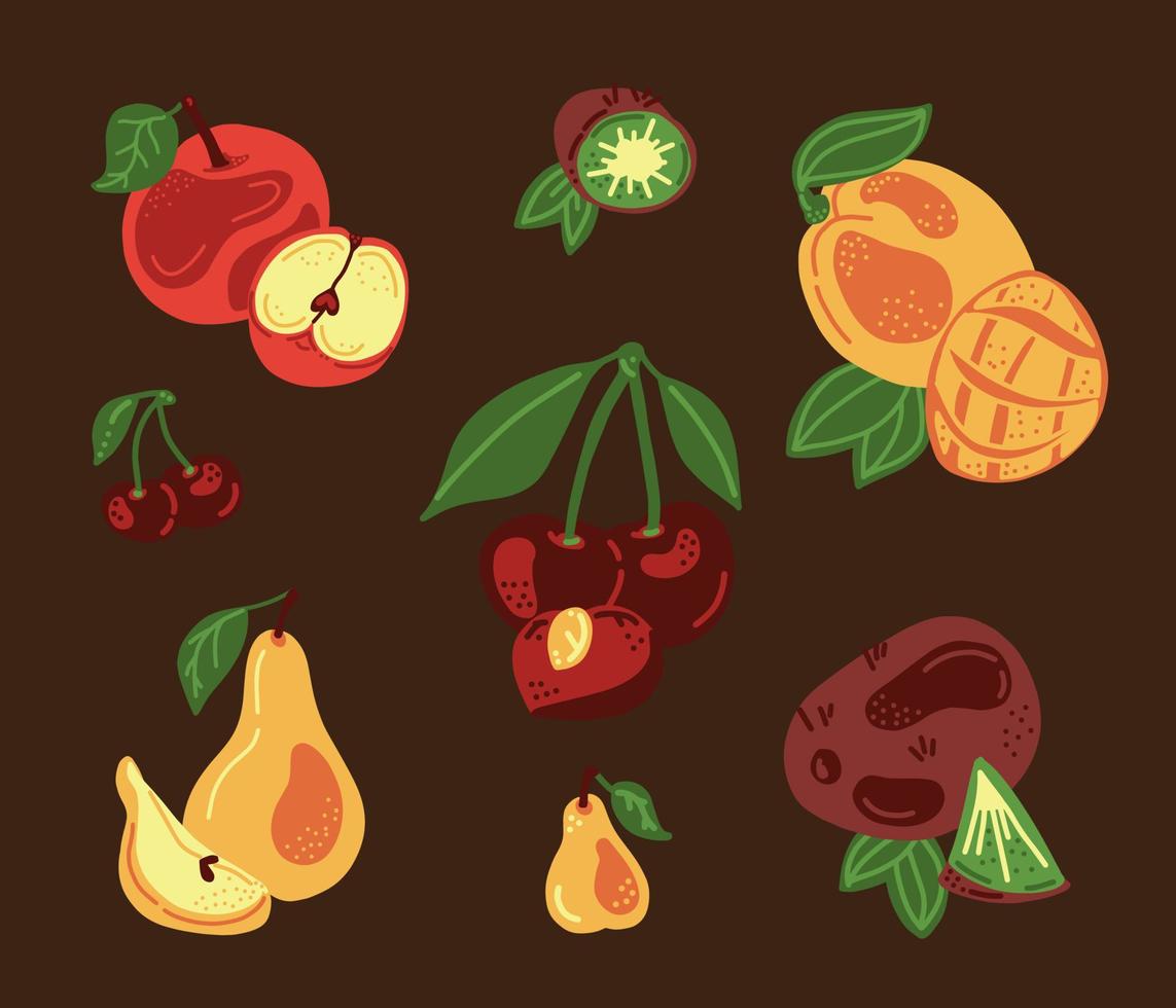 Set of fruits. Apple, cherry, pear, kiwi, mango. Good for posters, package, t-shirts, shopping bags, kitchen potholders. Vector hand draw cartoon illustration.