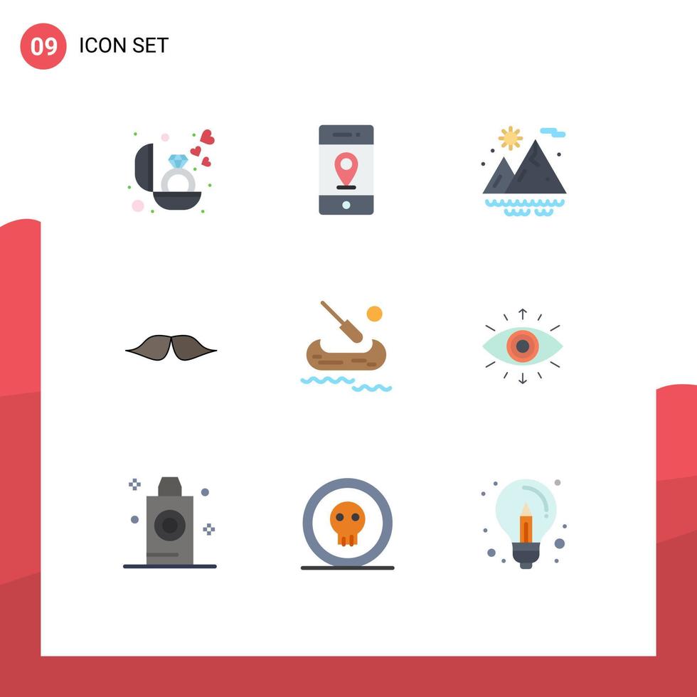 Pictogram Set of 9 Simple Flat Colors of kayak men mountains male hipster Editable Vector Design Elements