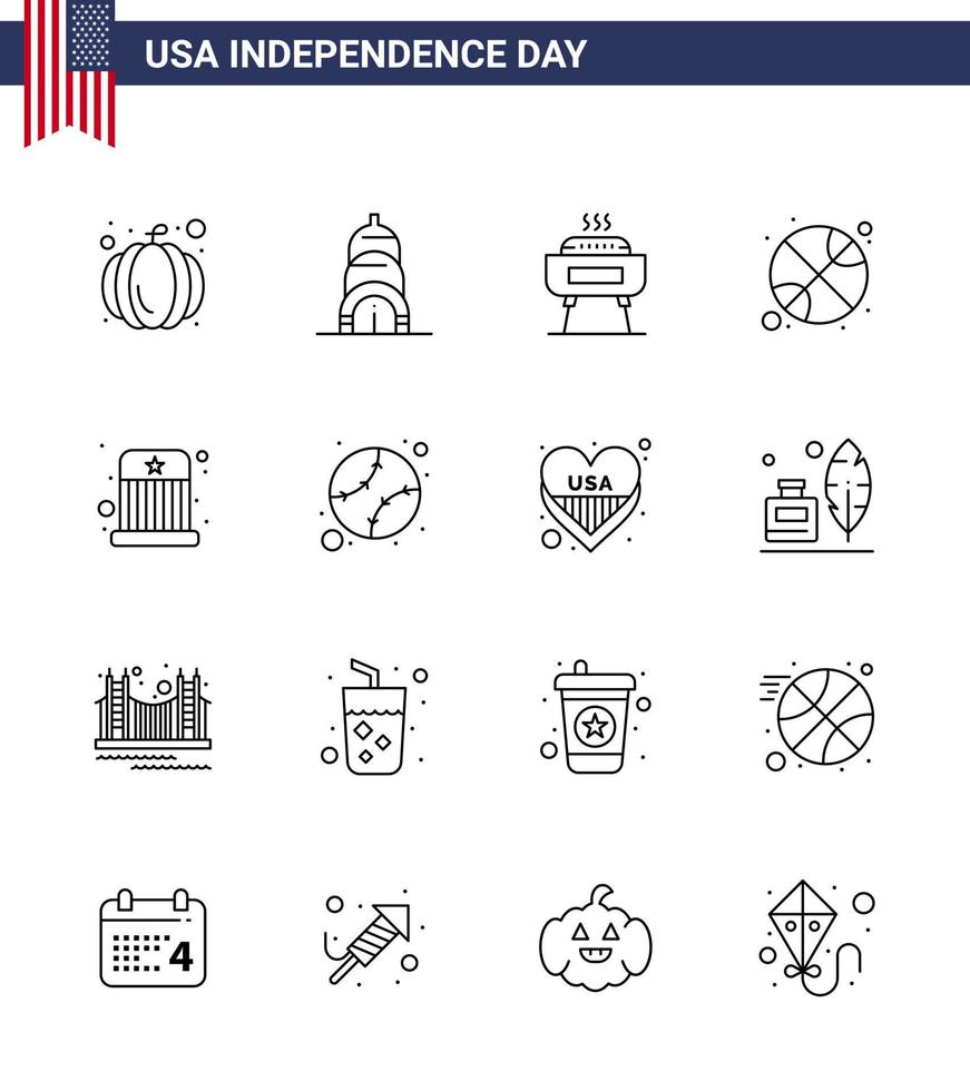 Set of 16 Vector Lines on 4th July USA Independence Day such as hat entertainment festivity circus sports Editable USA Day Vector Design Elements