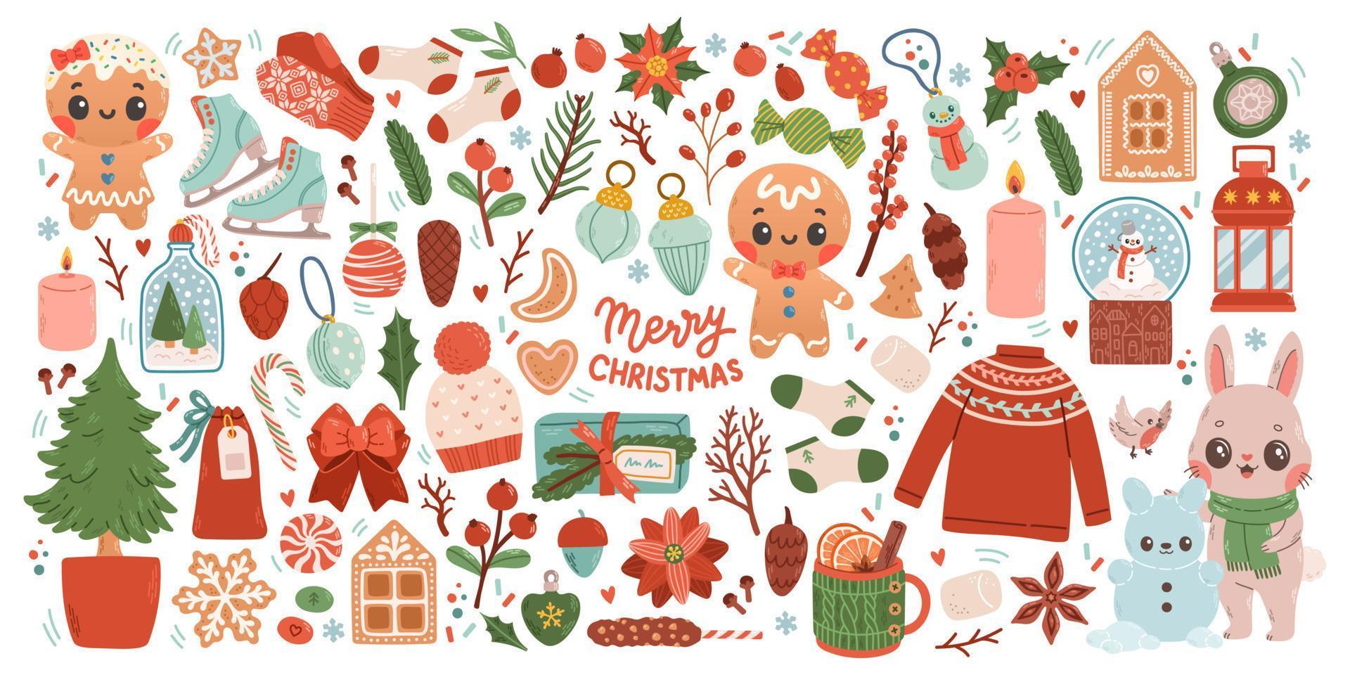 Christmas big set of elements with cookies, houses, presents, sweater, fur tree, wreaths. Stickers set. Hand drawn style vector