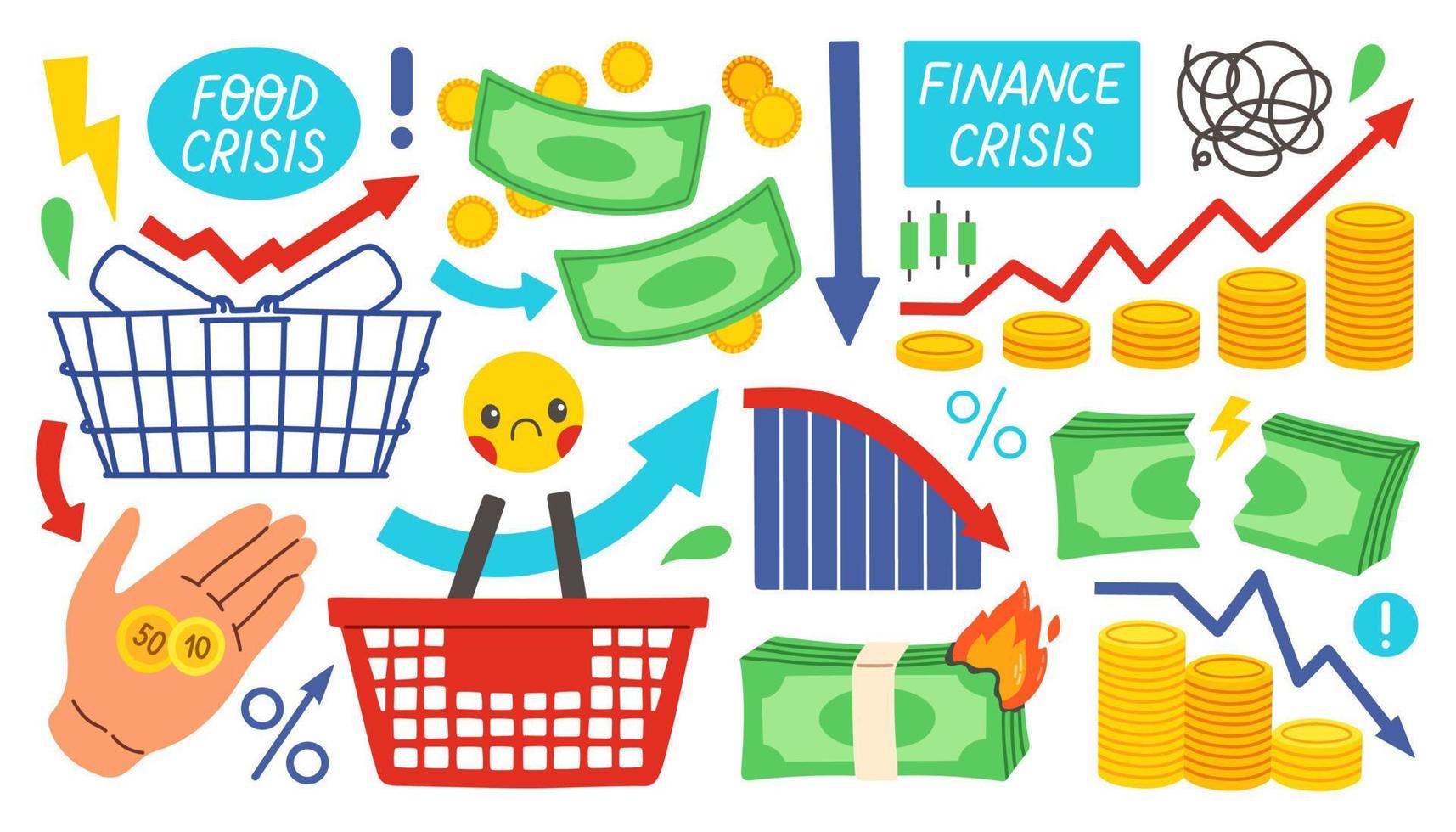 Vector set of icons. Food crisis. Finance crisis. Global food shortages and rising prices. Inflation. Vector set