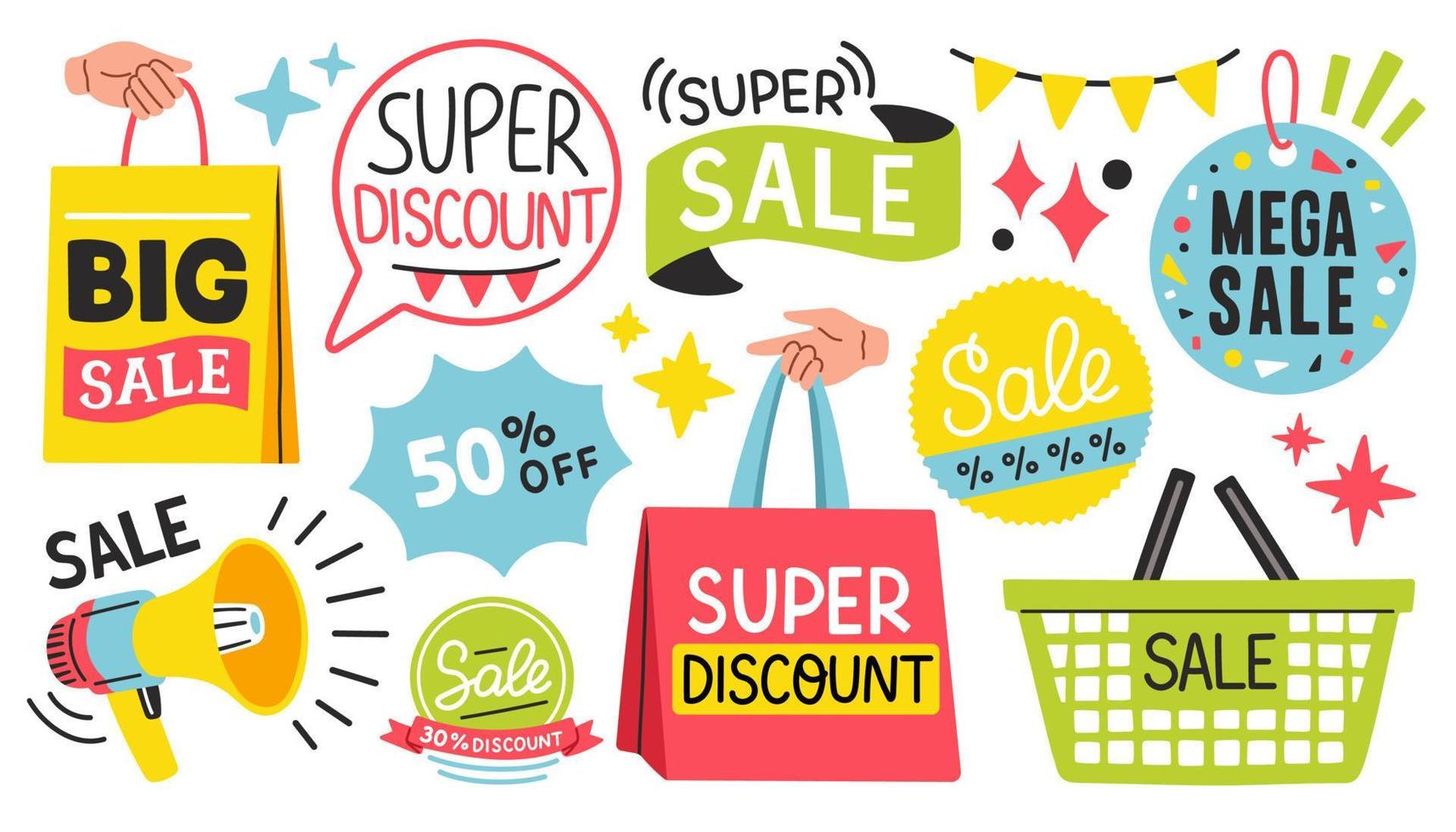 Sale big set, design elements announcing sale. Special offer advertisement. Promotion poster template super sale vector illustration. Vector illustration