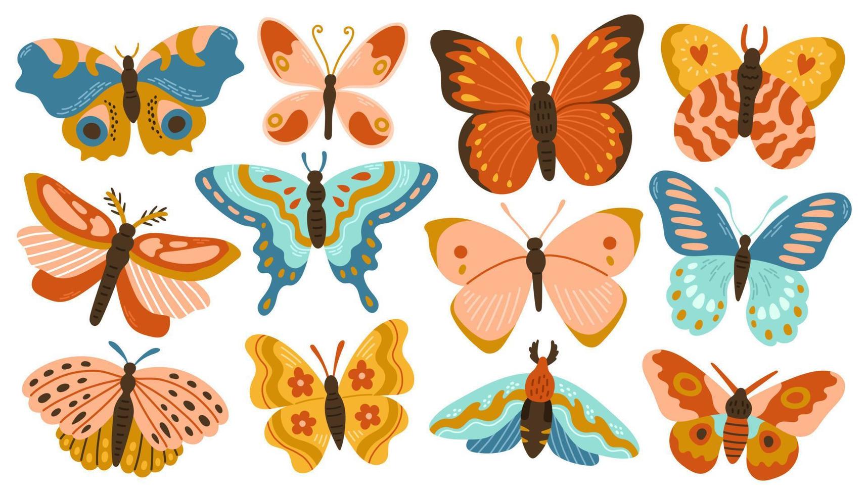 colección de mariposas y polillas con un diseño moderno decorativo abstracto, aislado en blanco. ilustración vectorial vector