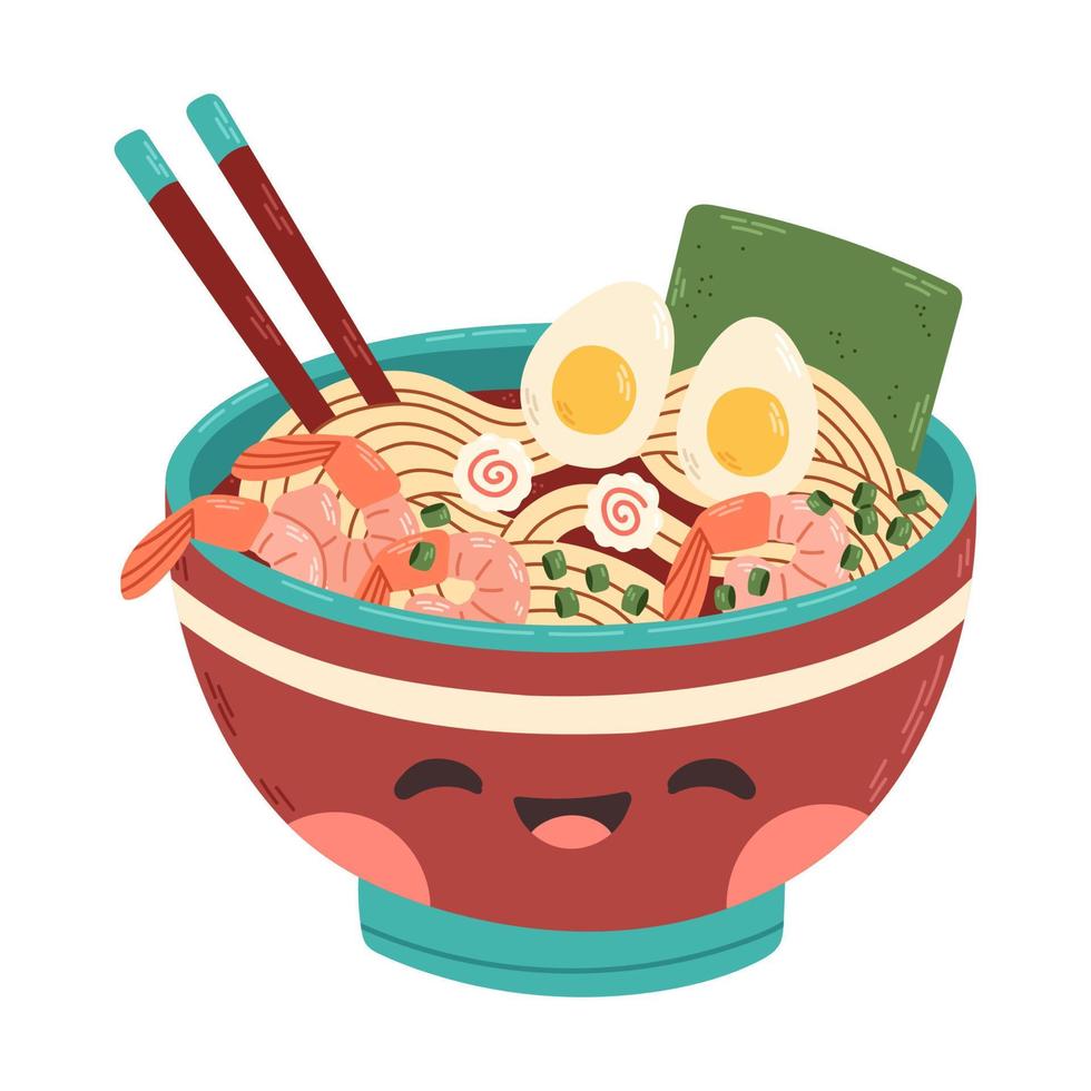 fideos ramen lindos dibujados a mano en el tazón con vector de diseño de ilustración de camarones