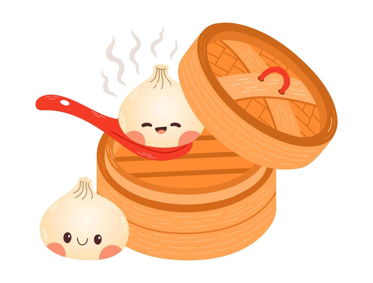 Cute cartoon dumplings vector drawing. Traditional Japanese dumplings with funny smiling faces. Kawaii asian food vector illustration.