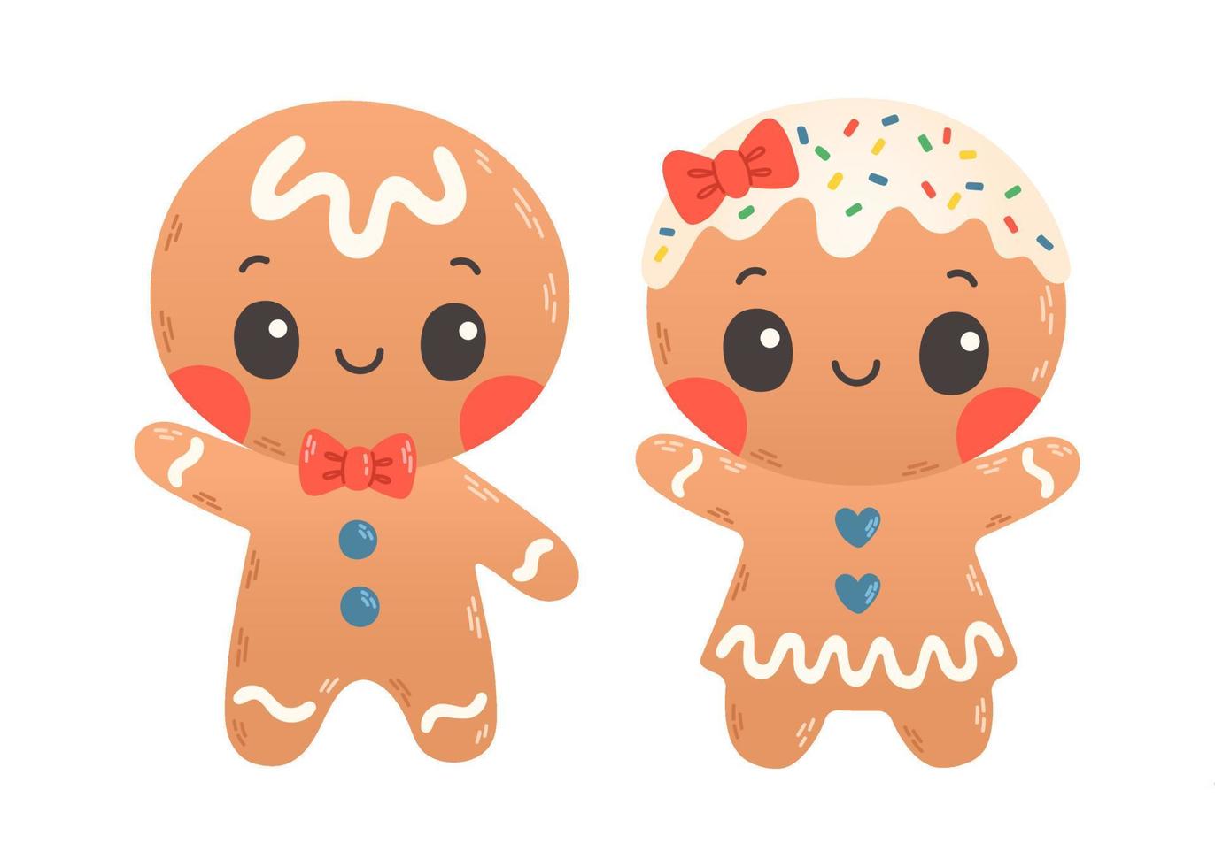 Holiday gingerbread man and woman cookie. Cookie in shape of man and woman with colored icing. Vector in flat style