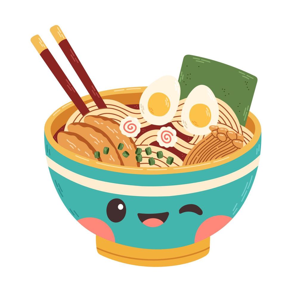 fideos ramen lindos dibujados a mano en el tazón con vector de diseño de ilustración de pollo de cerdo