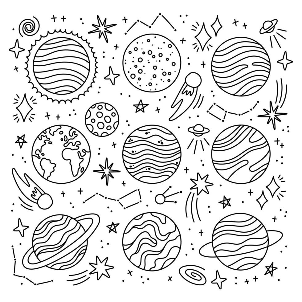 conjunto de icono de planetas, ilustración vectorial dibujada a mano. vector