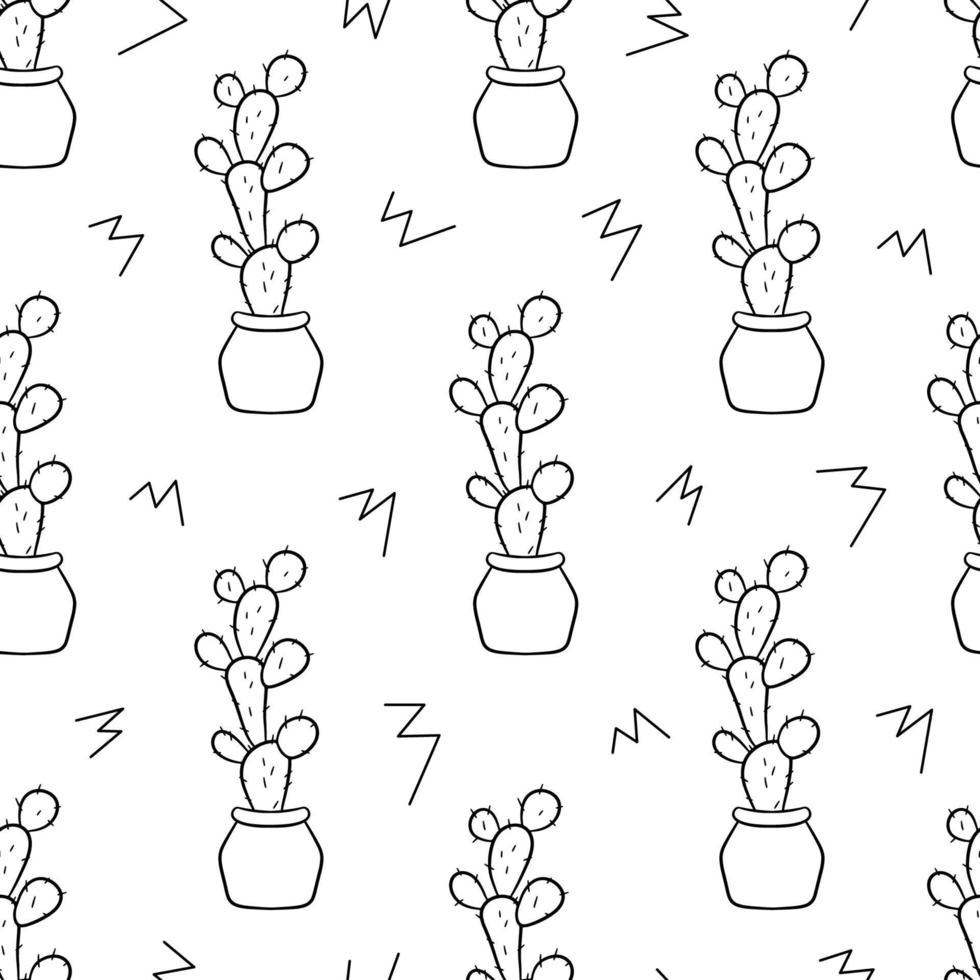 Seamless pattern with cute hand-drawn cacti white background. vector