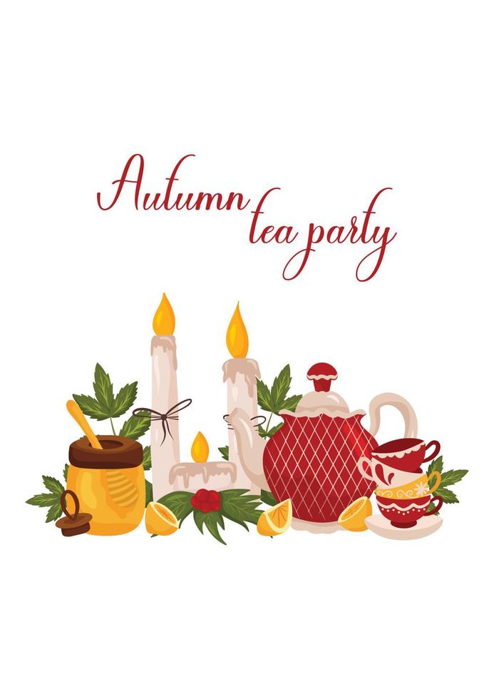 Autumn tea party postcard with candles, honey jar, cups, teapot and lemon vector