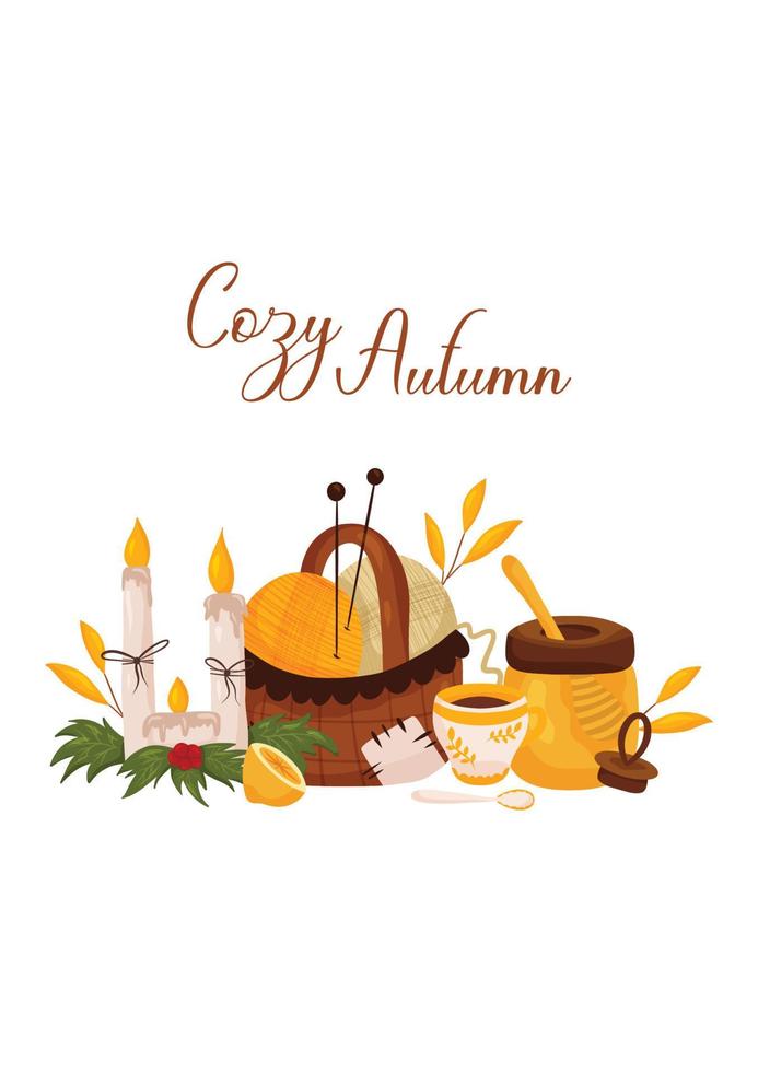 Cozy autumn postcard with candles, tea, honey and yarn vector