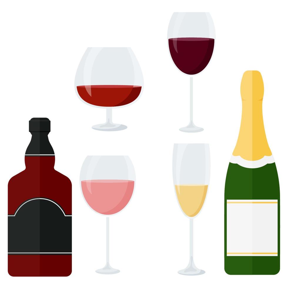 Wine set bottles of wine, champagne, brandy, whiskey, cognac, glasses. vector