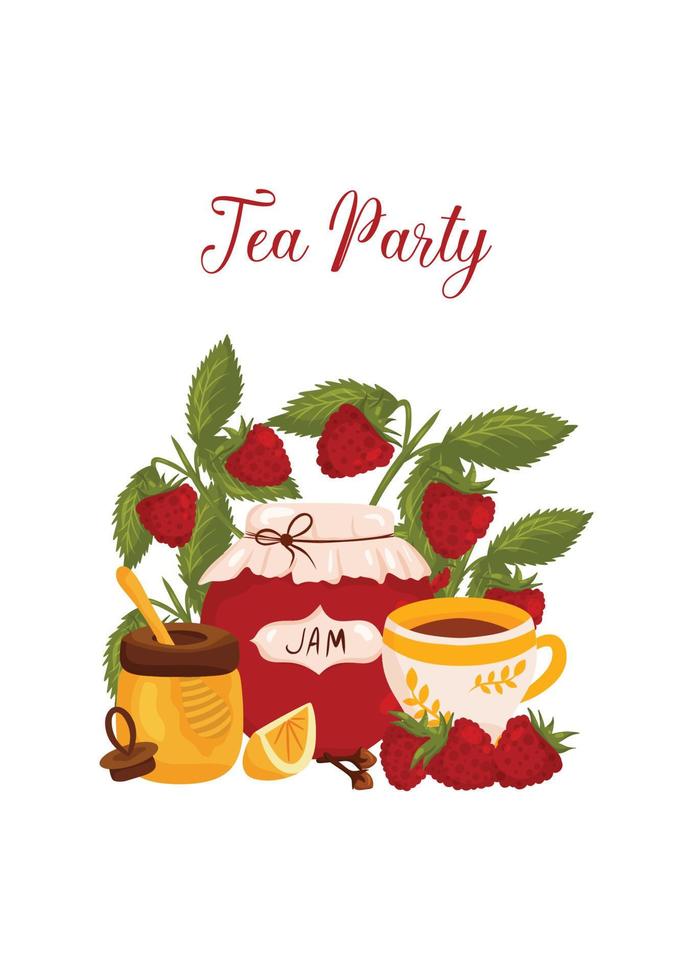 Tea party postcard with jam jar, strawberries, tea, honey and lemon vector