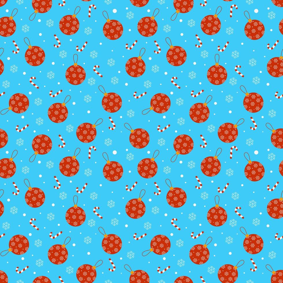 Red christmas toys with lollipops and snowflakes seamless pattern vector