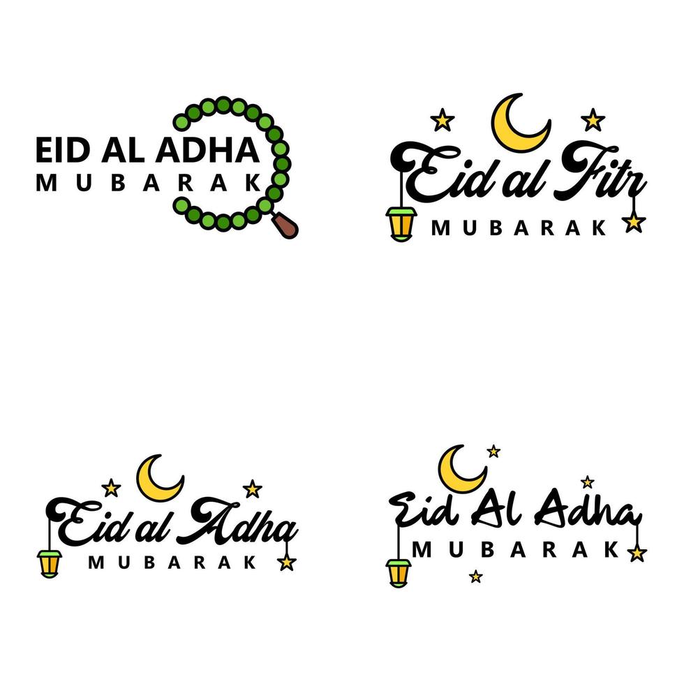 hermosa colección de 4 escritos de caligrafía árabe utilizados en tarjetas de felicitaciones con motivo de festividades islámicas como festividades religiosas eid mubarak happy eid vector