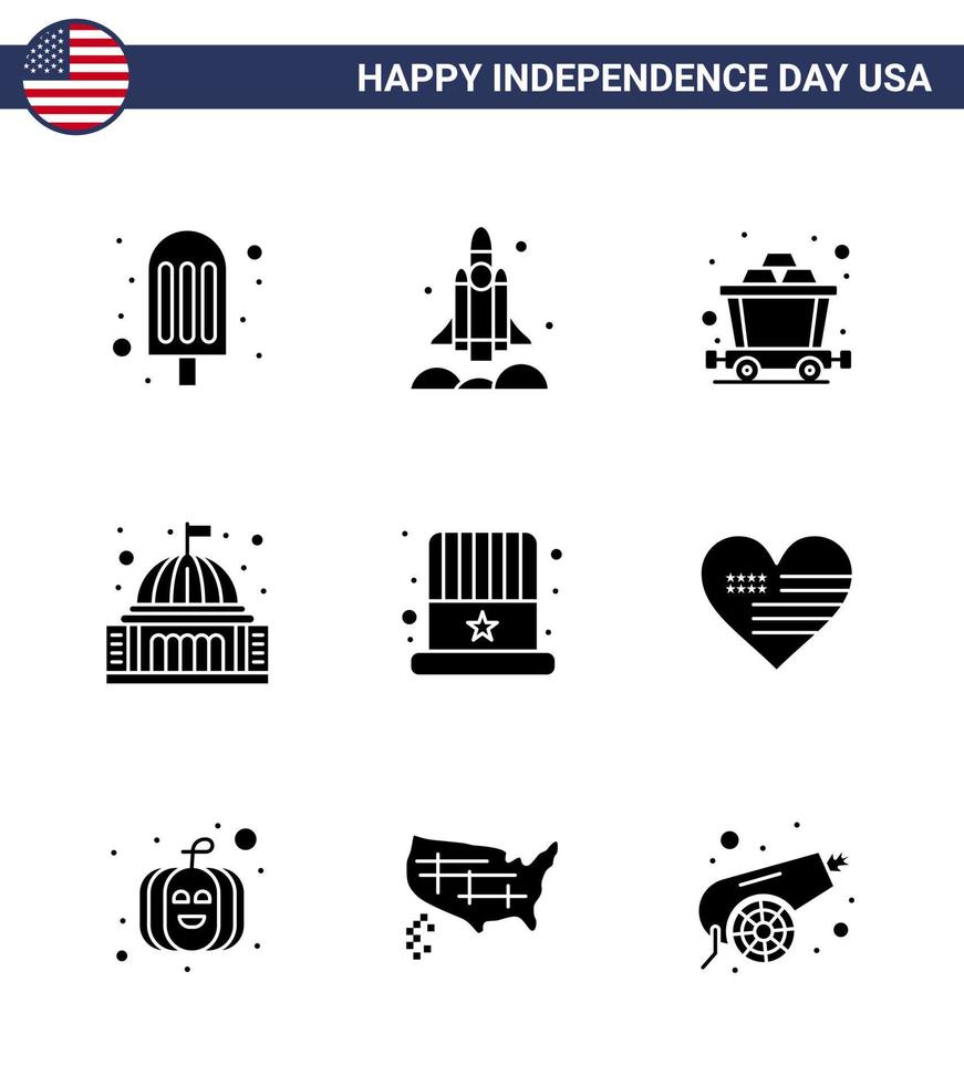 USA Independence Day Solid Glyph Set of 9 USA Pictograms of cap white cart landmark building Editable USA Day Vector Design Elements