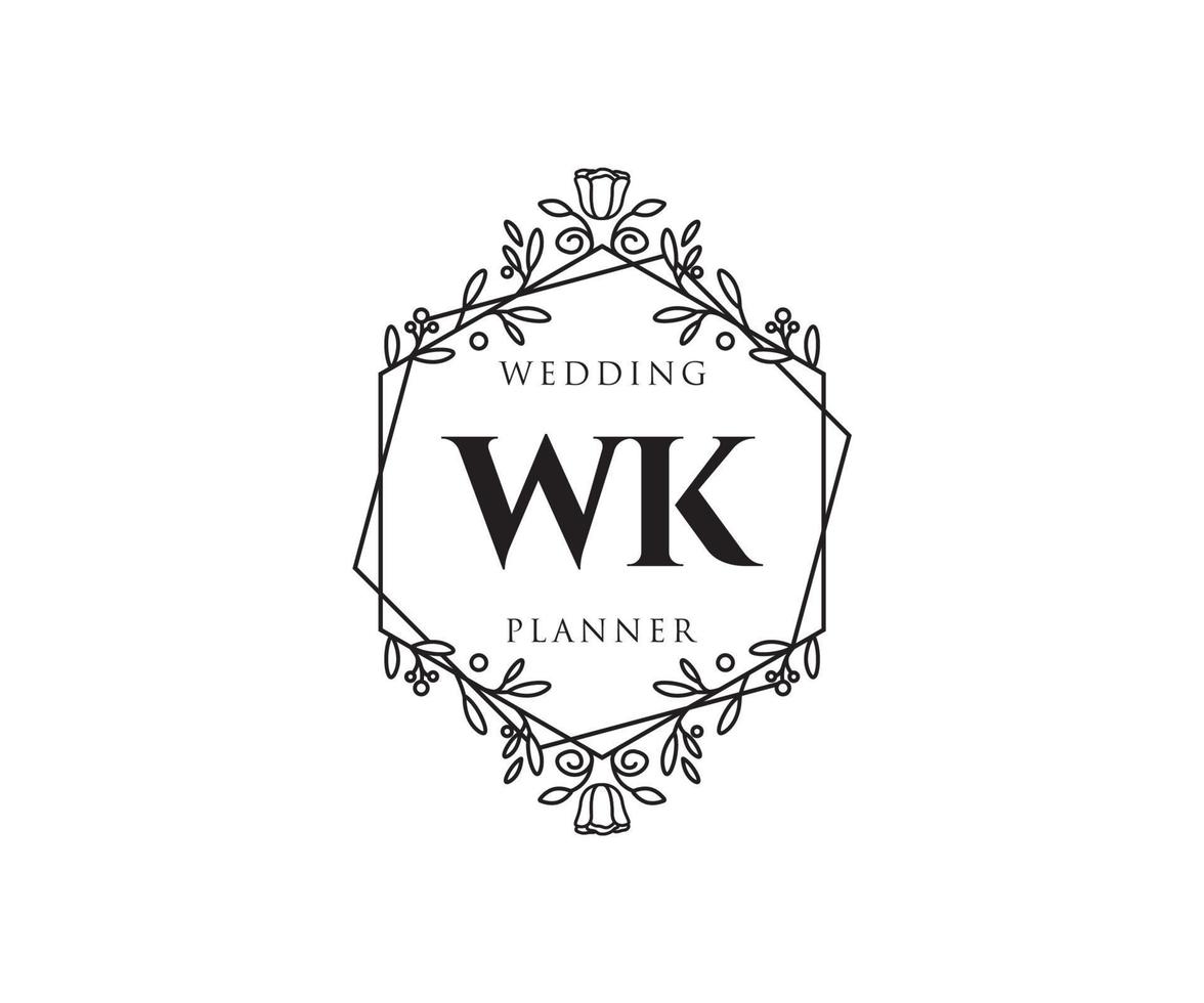 colección de logotipos de monograma de boda con letras iniciales wk, plantillas florales y minimalistas modernas dibujadas a mano para tarjetas de invitación, guardar la fecha, identidad elegante para restaurante, boutique, café en vector