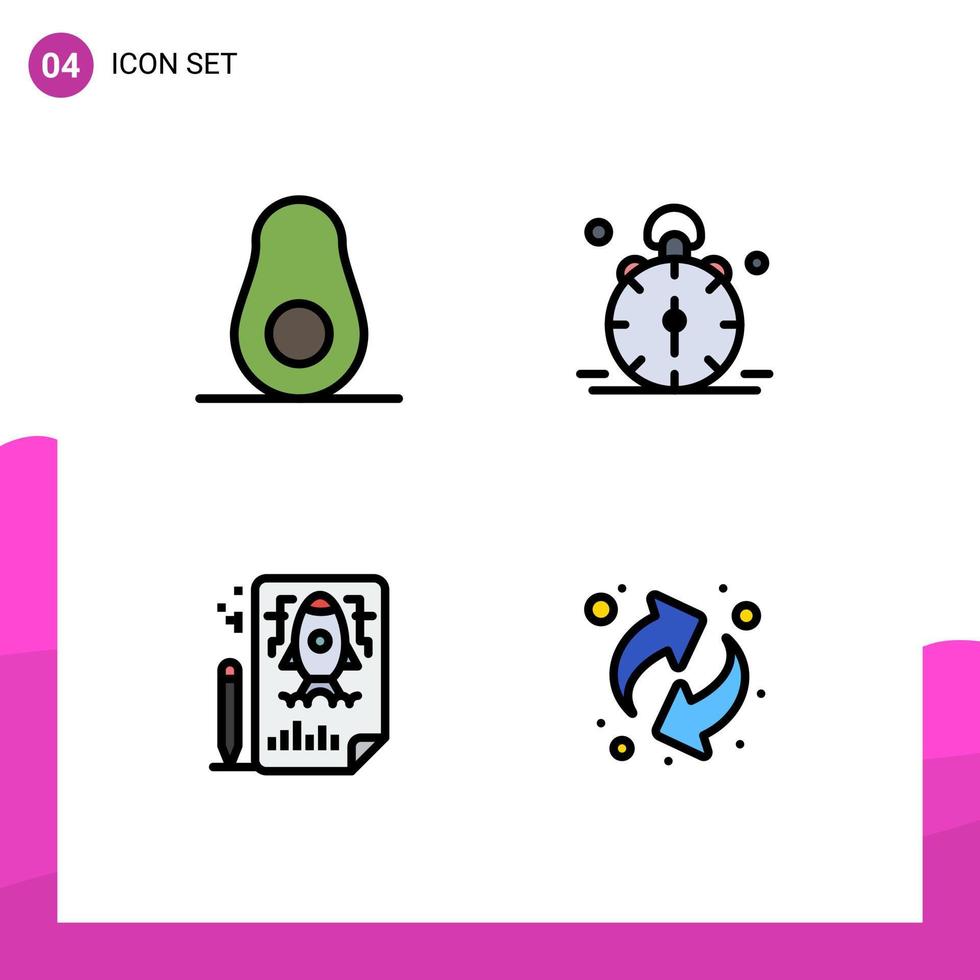 Mobile Interface Filledline Flat Color Set of 4 Pictograms of avocado pencle alarm bell file Editable Vector Design Elements