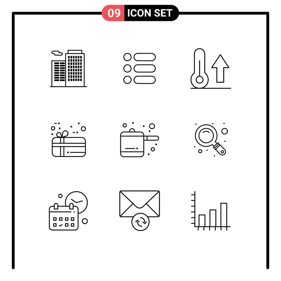 9 User Interface Outline Pack of modern Signs and Symbols of magnifier kitchen meteorology present gift Editable Vector Design Elements