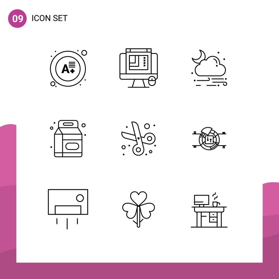 Pack of 9 Modern Outlines Signs and Symbols for Web Print Media such as education back to school cloud supermarket bottle Editable Vector Design Elements