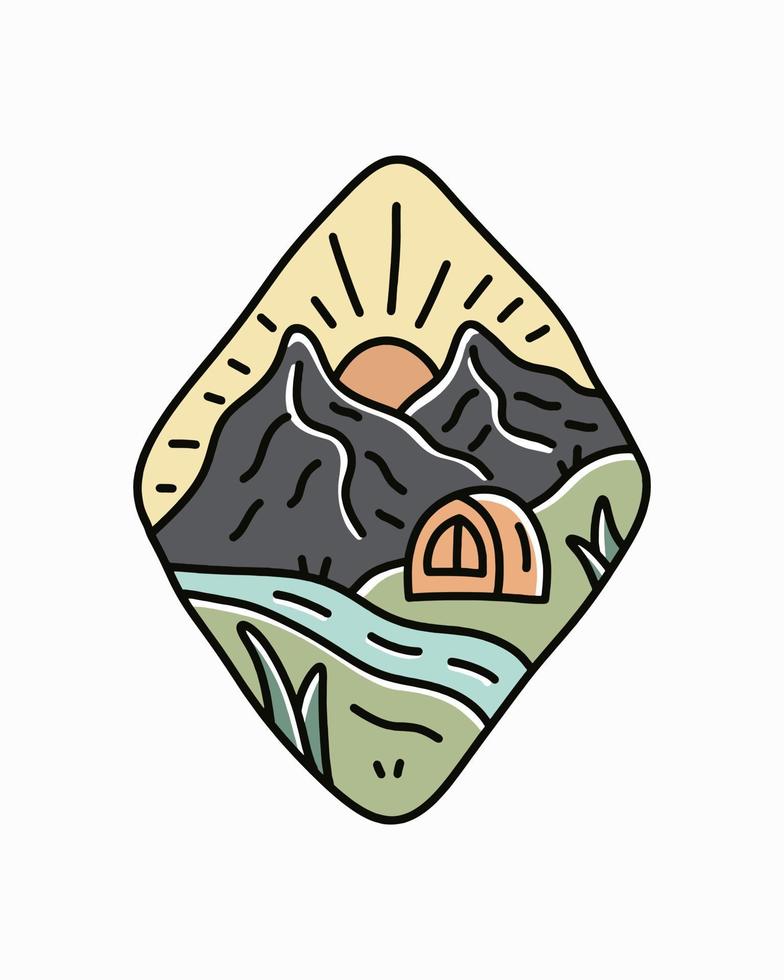 monoline of camping mountain outdoor wildlife for t-shirt, sticker, and badge design vector